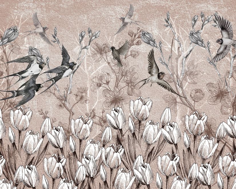 Flying Birds on Flowers Wallpaper Mural