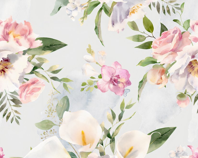 Papier peint panoramique aquarelle blanc rose Bouquet floral