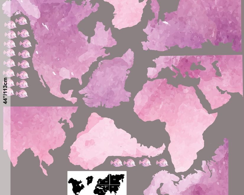 Kids Pink World Maps with Little Fishes Wall Decal Sticker