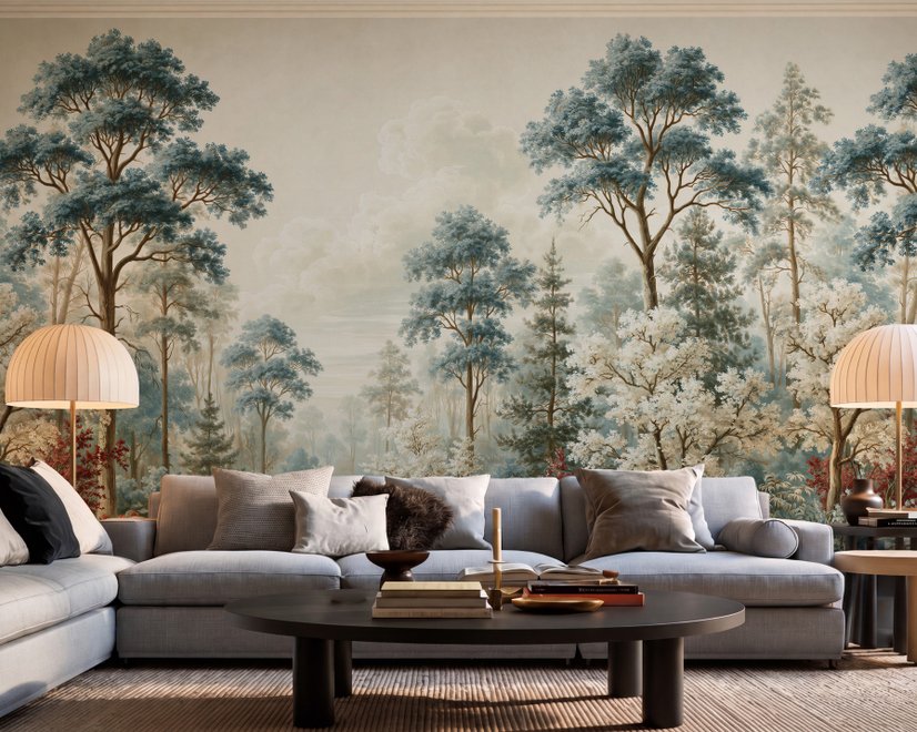 Vintage forest wallpaper mural with blue-grey trees, ivory blossom, red plants and toadstools around a misty path