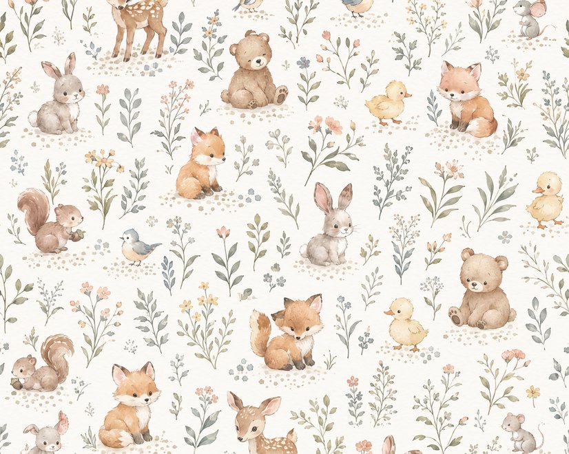 Woodland nursery wallpaper pattern with watercolour fawns, fox cubs, rabbits, teddy bears, birds and ducklings on cream