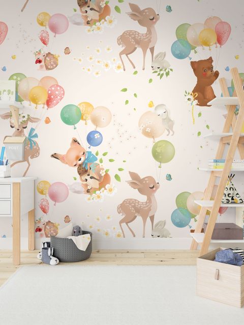 Niedliche Tiere fliegen mit Heißluftballons Kinder Fototapete