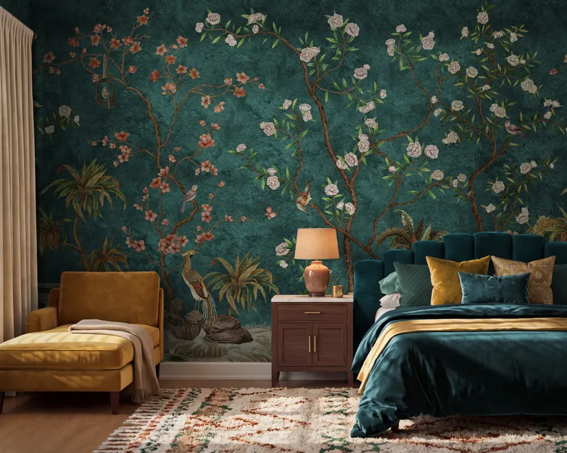 Floral wallpaper with birds in a teal chinoiserie garden with blossoms, pheasant, palms and stone railings
