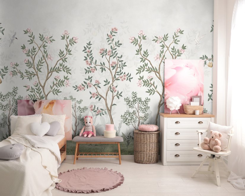 Chinoiserie Garden Trees And Birds Landscape Wallpaper Mural