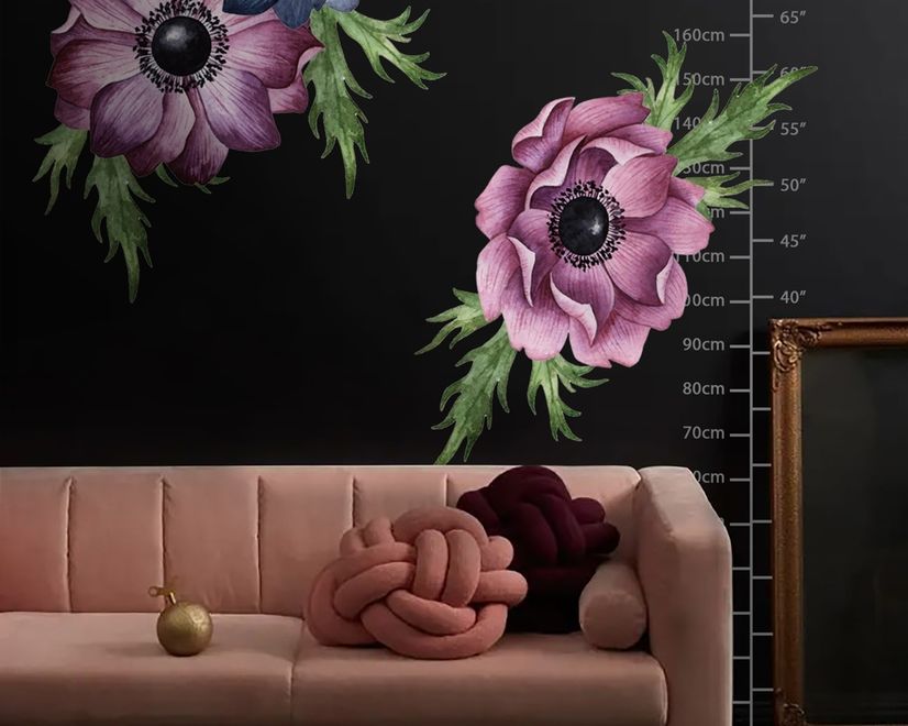 Watercolor Dark Blue Red Anemone Florals Wall Decal Sticker