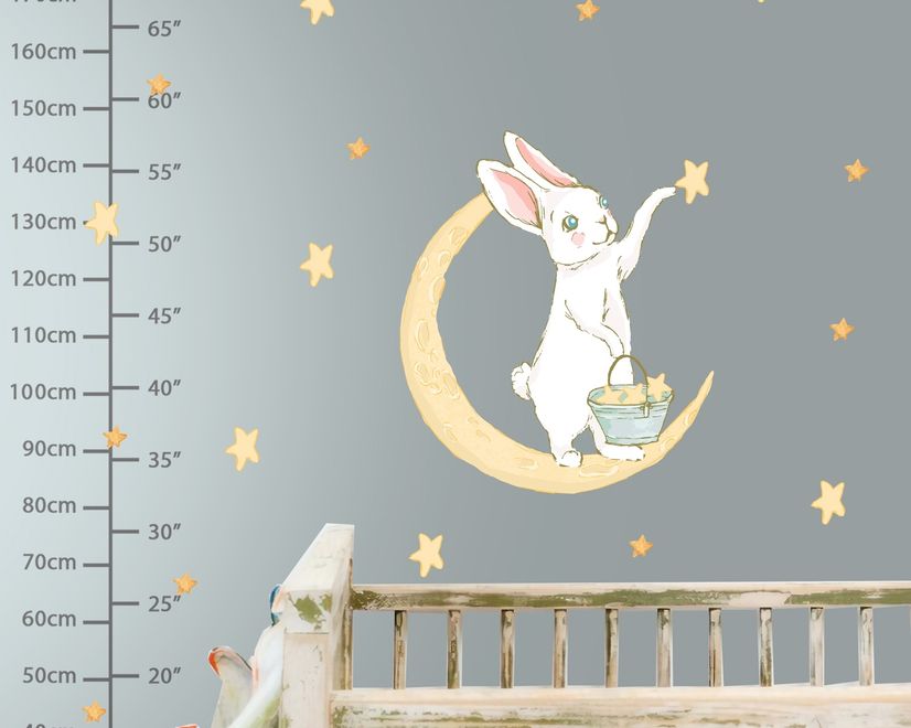 Nursery Cute Rabbit on the Crescent Moon and Yellow Stars Wall Decal Sticker