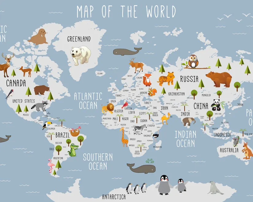 Kids World Map with Animals Wallpaper Mural