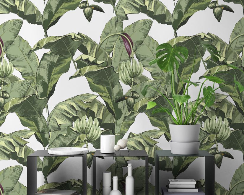 Grüne Tropische Bananenblätter mit Calla-Lilien Fototapete