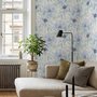 Blue floral wallpaper with watercolour anemone blooms, mint sage leaves and yellow ochre centres on white