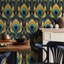 Art Deco feathers wallpaper with turquoise peacock eyes, gold plumes and navy teal ground