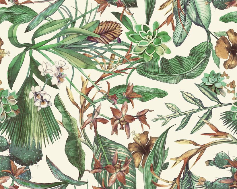 Watercolor Green Tropical Leaves Wallpaper Mural