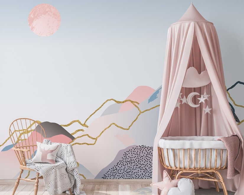 Papier Peint Panoramique Montagne Colorée avec Soleil Rose
