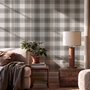Beige, oat and cream-white plaid wallpaper with fine navy-blue stripes and printed linen texture