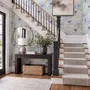 Blue floral wallpaper with watercolour anemone blooms, mint sage leaves and yellow ochre centres on white