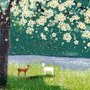 Papier peint panoramique forêt aquarelle et fleurs de pêcher