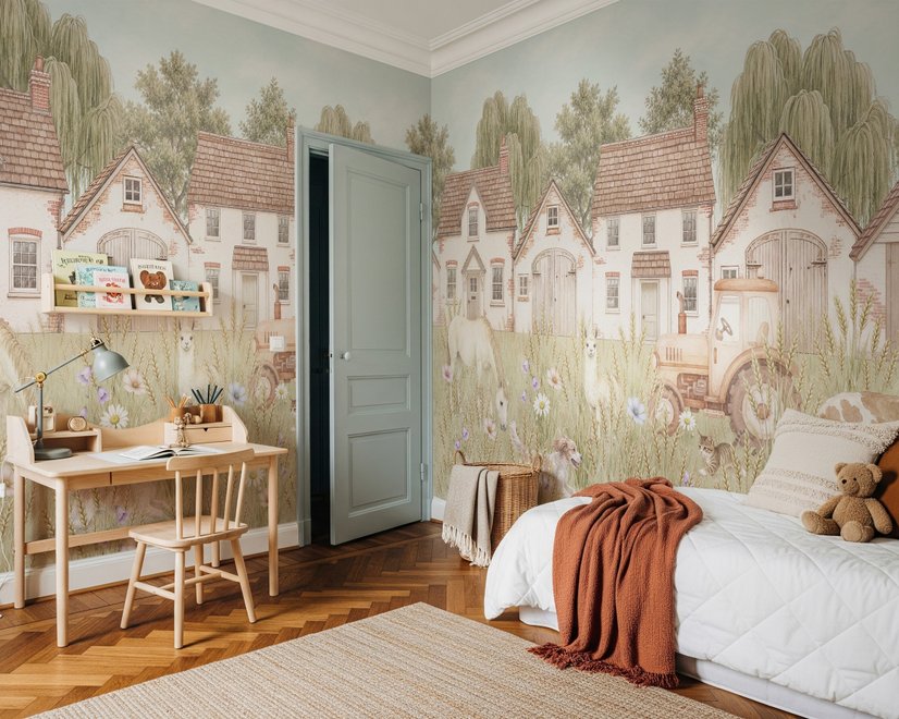 Watercolour farmhouse animal wall mural with cottages, horse, cow, tractor and wheat meadow