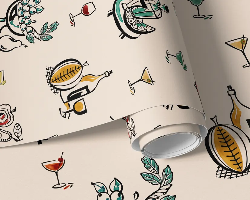 Bar area wallpaper with hand drawn cocktails, liquor bottles, citrus and fruit bowls on warm cream