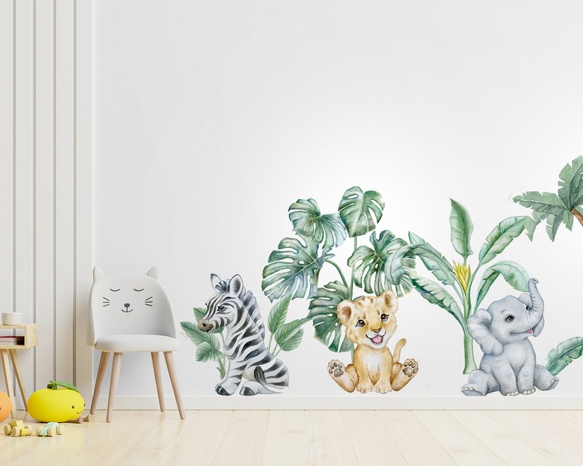 Kids Cute Safari Animal with Tropical Trees Wall Decal Sticker