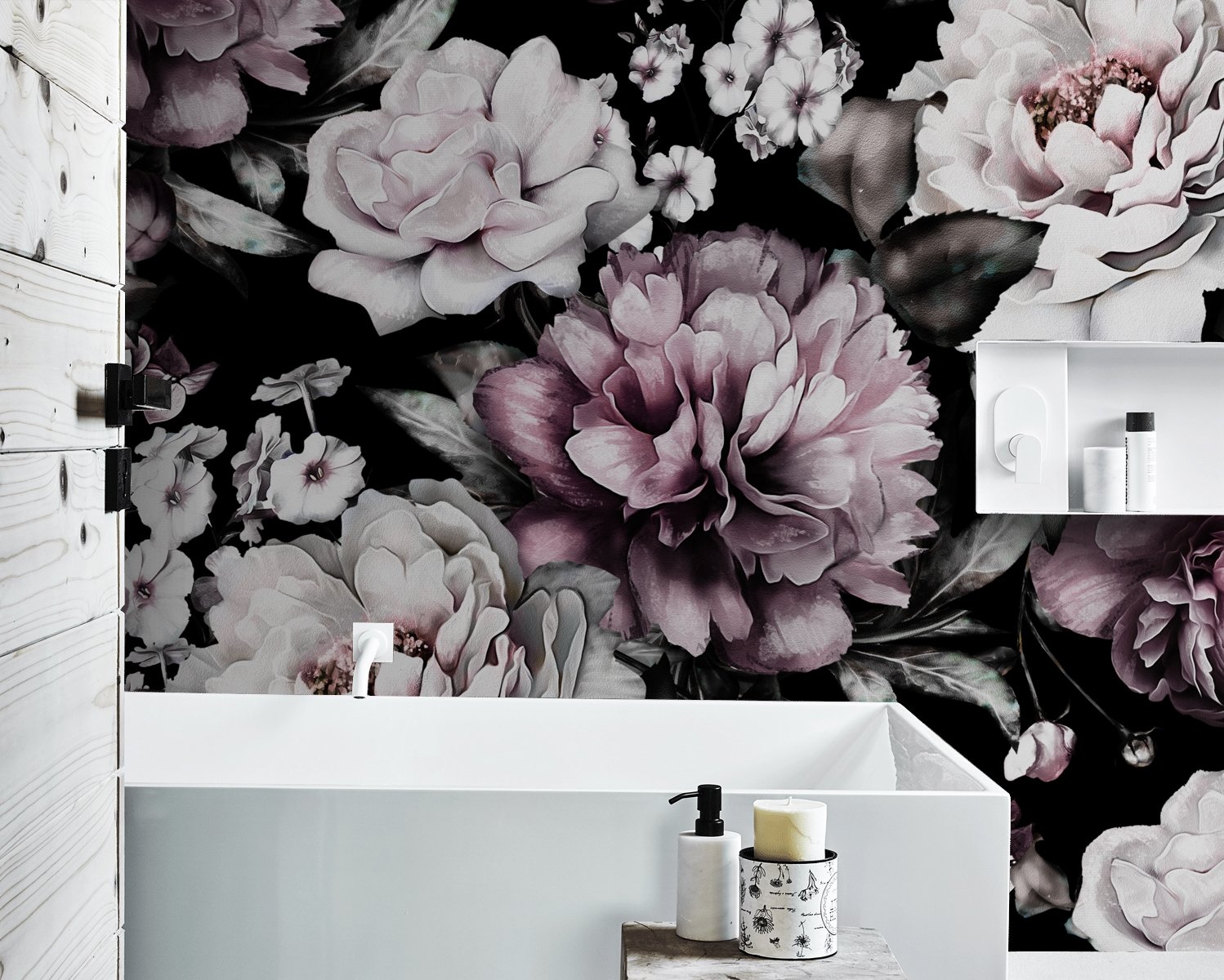 Vintage Dark Large Peony Flower Wallpaper Mural - Peel and Stick