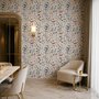 Watercolour floral wallpaper repeat with navy, blue, blush and peach wildflowers on warm cream