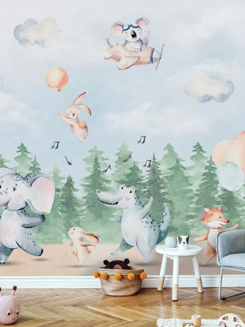 Kids Cute Animals Dancing in the Forest Wallpaper Mural