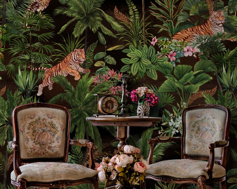Dark Tropical Trees with Tigers Wallpaper Mural