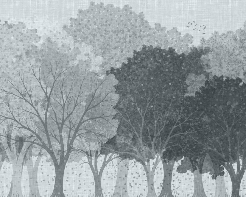 Light gray wallpaper mural with misty forest trees, falling leaves and birds