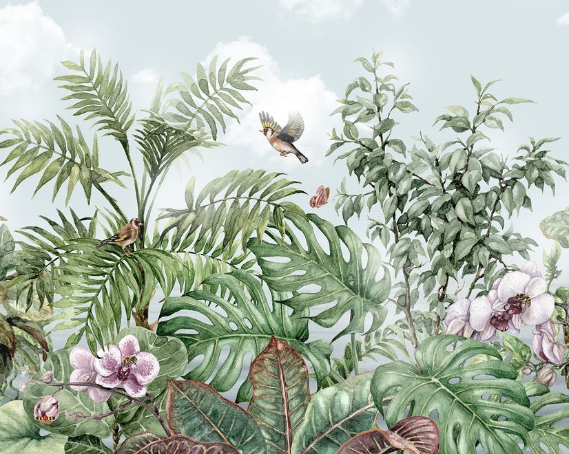 Fototapete mit tropischen Blättern, Vögeln und Blumen