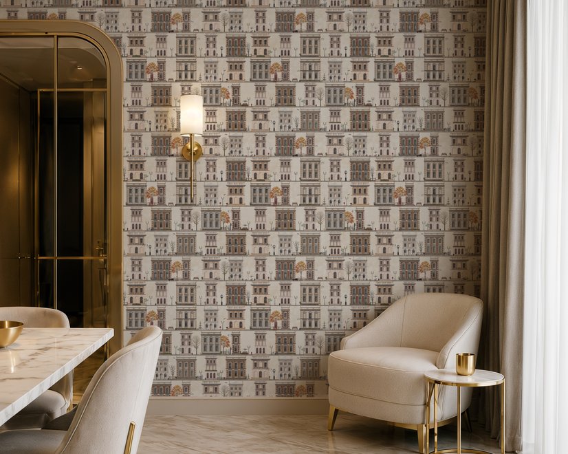 Vintage city wallpaper with illustrated European townhouses, lamps, bicycles, benches and orange-gold trees