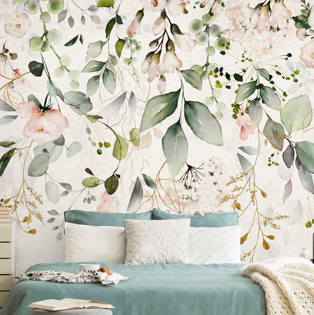 Watercolor Soft Floral with Green Leaves Wall Mural - Peel and Stick