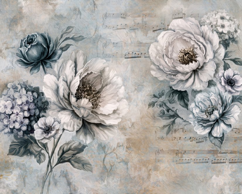 Papier peint panoramique floral avec des notes de musique