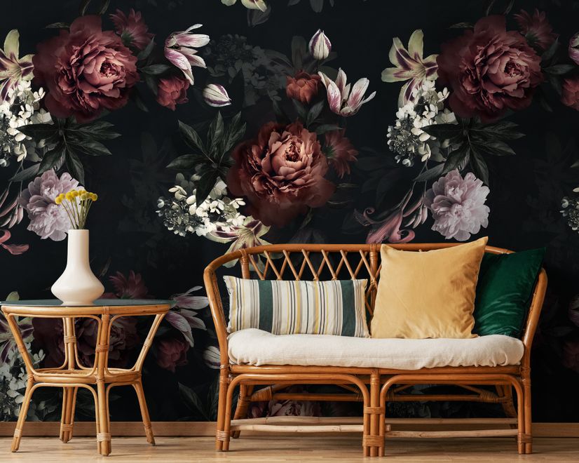 Realistic Dark Peony Floral Bouquet Wallpaper Mural