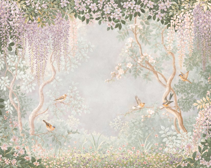 Watercolour nature wallpaper with lilac wisteria, pale trees, sage foliage and small songbirds around a misty clearing