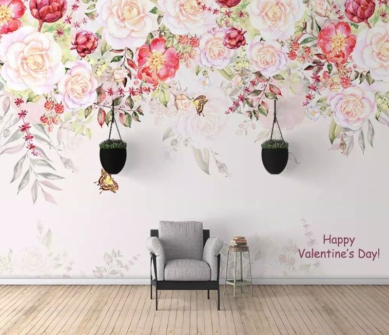 Pink Flowers and Butterflies Wallpaper Mural