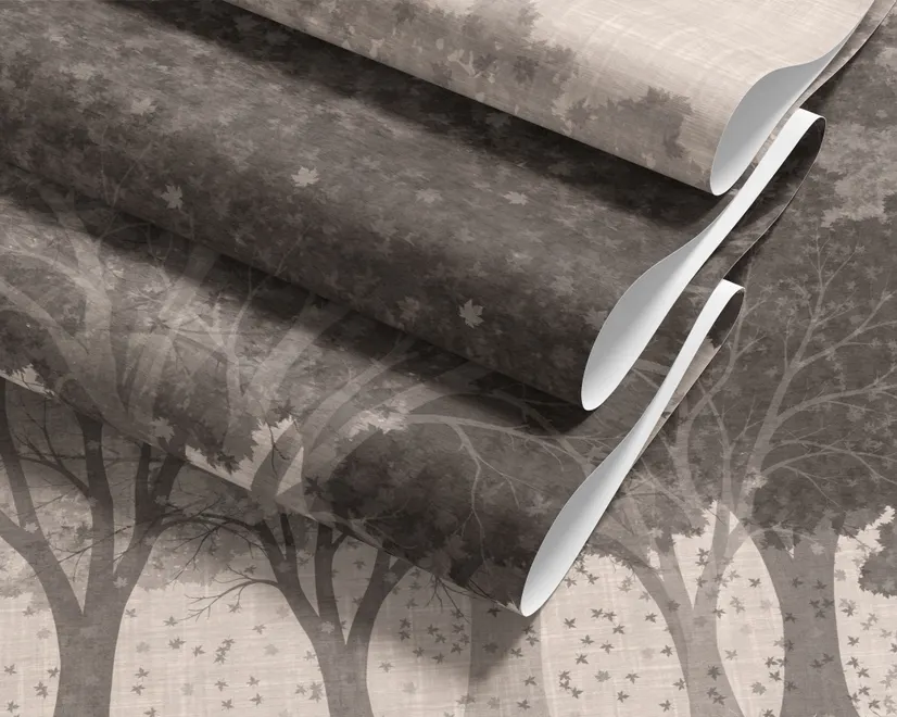 Misty forest nature wallpaper mural in greige, taupe and charcoal watercolour with birds