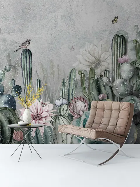 Watercolor Cactus with Flowers Wallpaper Mural