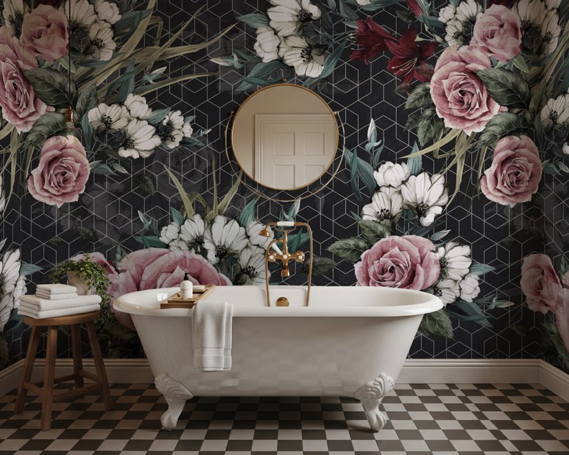 Papier peint panoramique floral coloré avec motif géométrique foncé