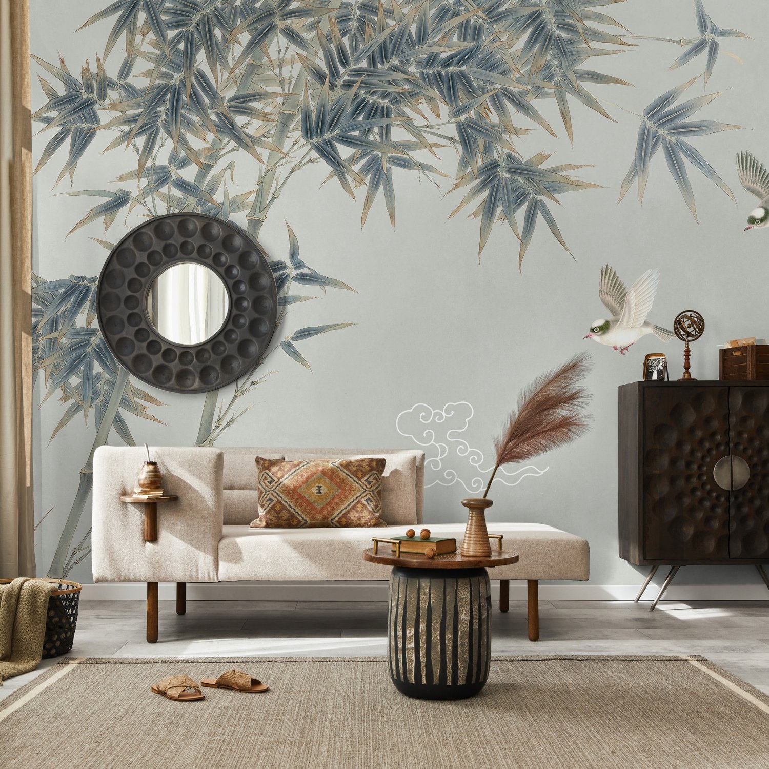 Retro Trees and Birds Wallpaper Mural - Peel and Stick
