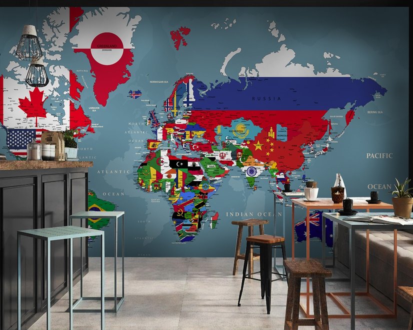 Country Flags on World Map Wallpaper Mural