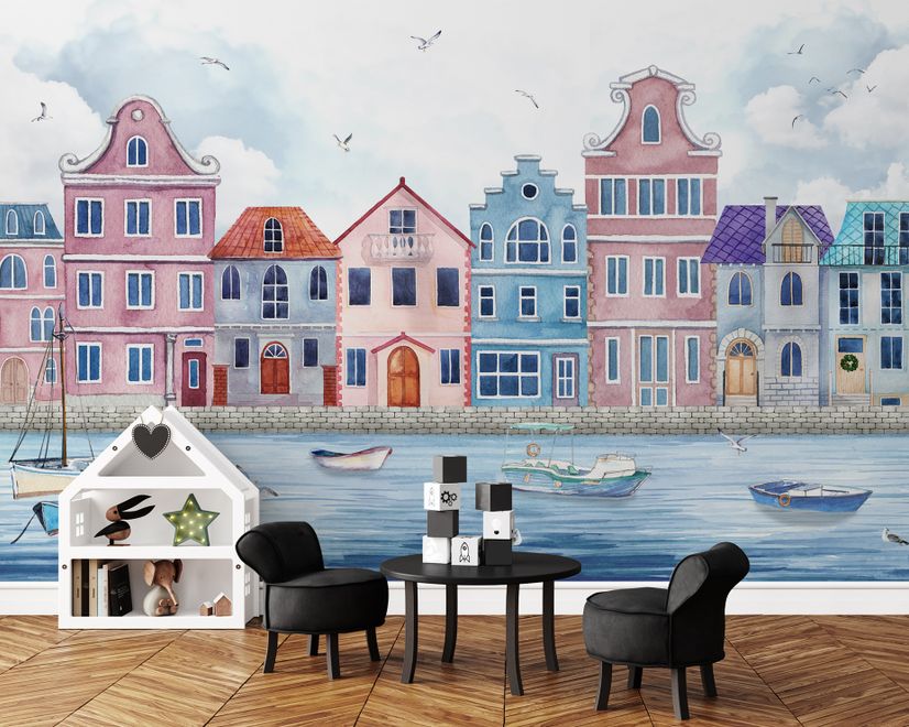 Watercolor Dutch Houses Wallpaper Mural for Kids