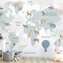 Kinder Blaue Politische Weltkarte mit Bunte Tiersilhouetten Fototapete