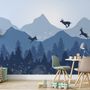 Monochrome Dark Blue Snowy Forest with Horned Deer Silhouette for Kids Nursery Wallpaper Mural