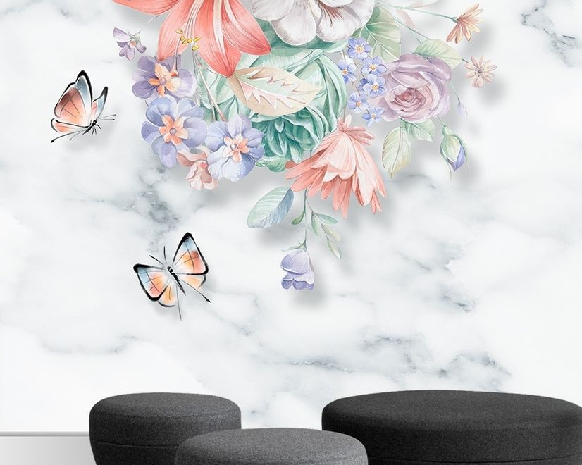 Boho Floral Bouqet with Marble Pattern Wallpaper Mural