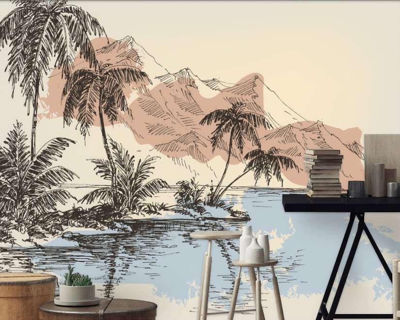 Vintage Charcoal Tropical Palm Tree and Summer Beach Wallpaper Mural