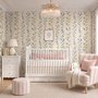 Cute floral wallpaper with green vine trails and pink, purple and yellow watercolor flowers on cream