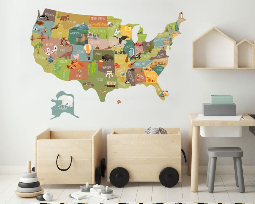 United States Map Wall Decal Sticker for Kids Room