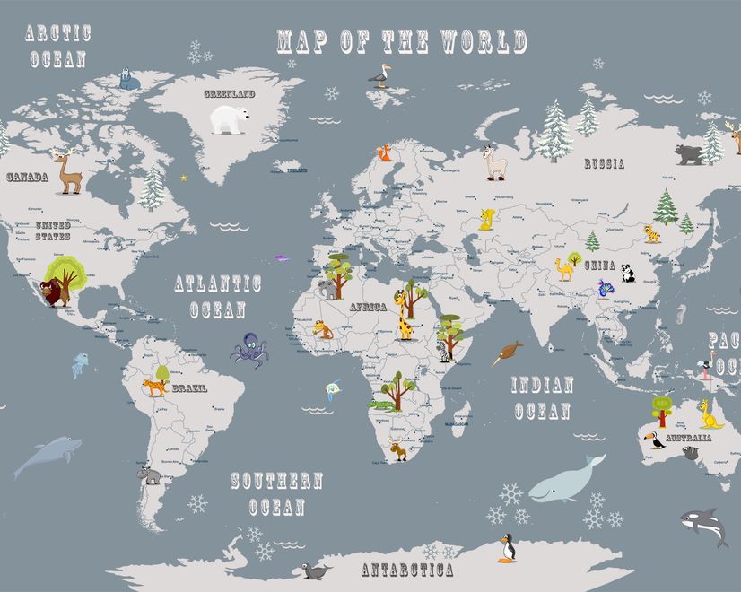 Kids Boys Kids World Map with Animals Wallpaper Mural