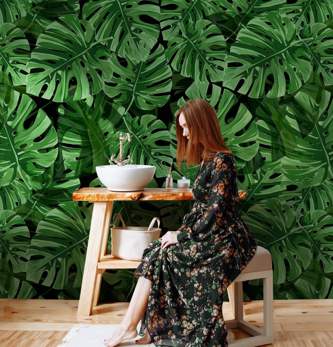 Green Tropical Leaves Wallpaper Mural - Peel and Stick