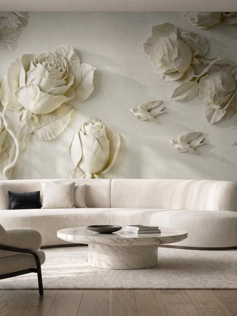 Papier peint panoramique sculpture de roses en relief 3D
