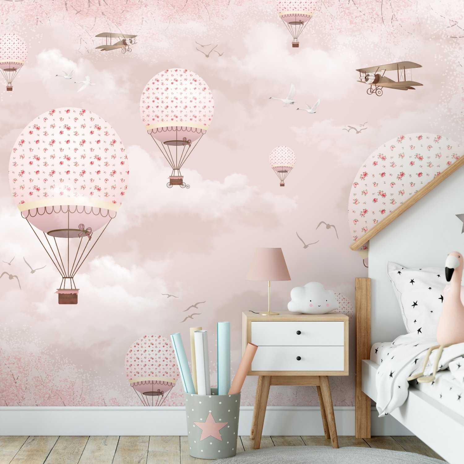 Kids Girls Pink Sky of Hot Air Balloon and Aircraft Wallpaper Mural - Peel and Stick